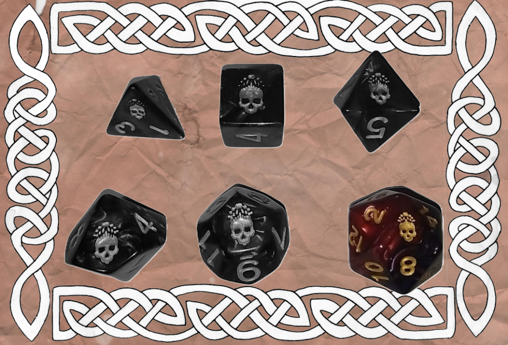A set of polyhedral dice in grey scale with d20 in colour.