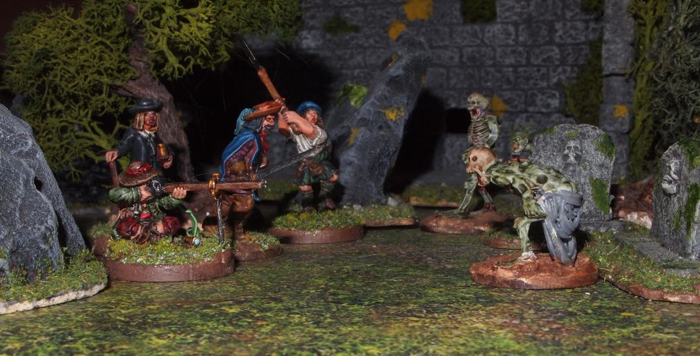 17th century parson, marksman, highalnder and a mousquetaire of the kings guard do battle with undead creatures.