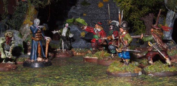 28mm Wars of Three Kingdoms miniatures facing off with a vampire and ghouls.